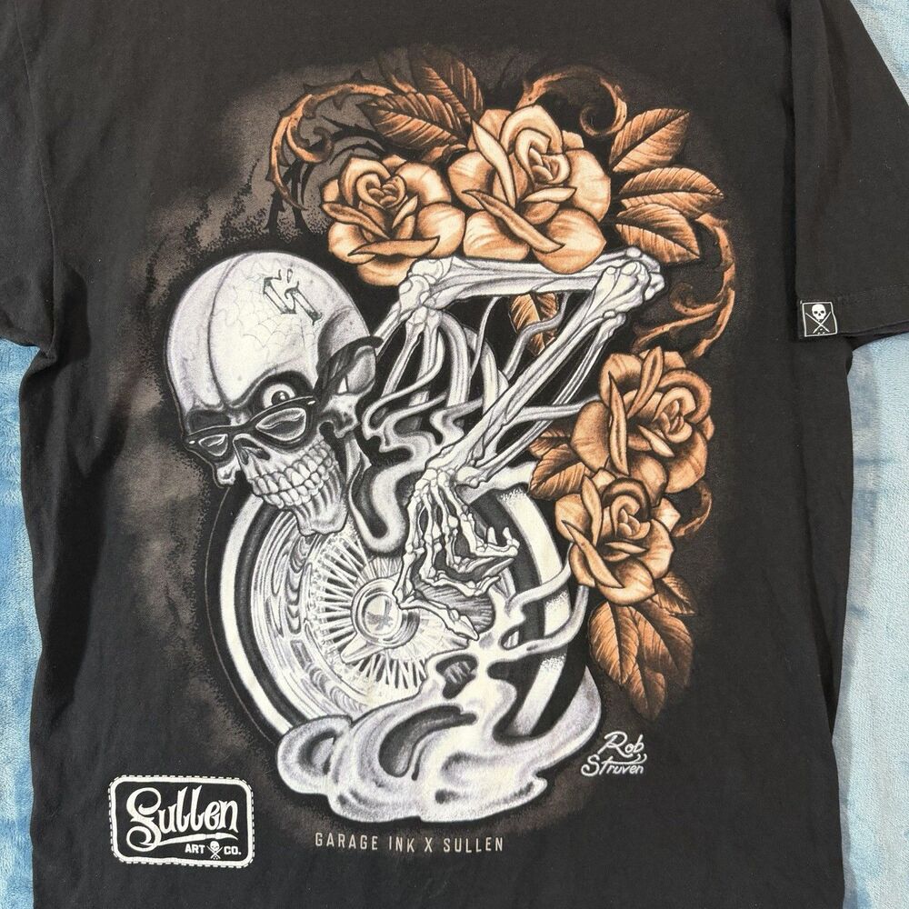 Sullen Art Collective Shirt Large L Garage Ink Rob Struven Skull Roses Tee